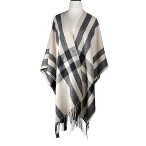 Banana Republic Erin Plaid Fringe Wrap Pareao Kimono Shawl Neutral Coastal New